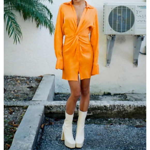 Zara Satin Knot Mini Dress Side Zip Long Sleeve V Neck Orange Small - Picture 1 of 10